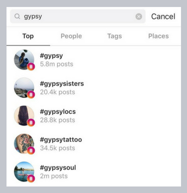 Screen capture image of Instagram search of "gypsy" hashtag.