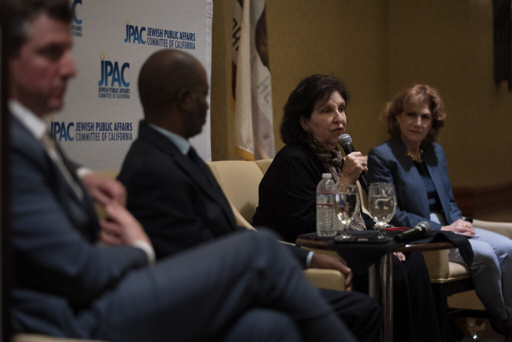 Dr. Anita Friedman speaks on a panel with Senator Henry Stern, State Superintendent Tony Thurmond, and Roxanne Makasdjian of the Genocide Education Project.