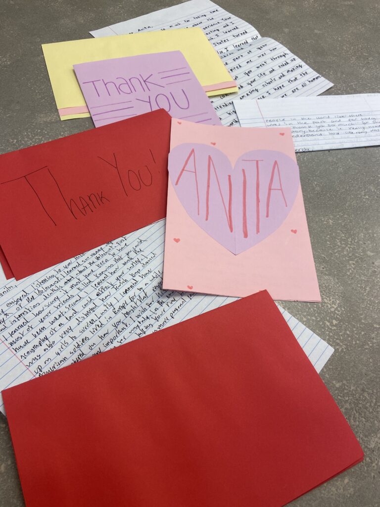 Letters written to Anita, a Holocaust survivor and member of the William J. Lowenberg Speakers Bureau after she gave her survivor testimony to a local school